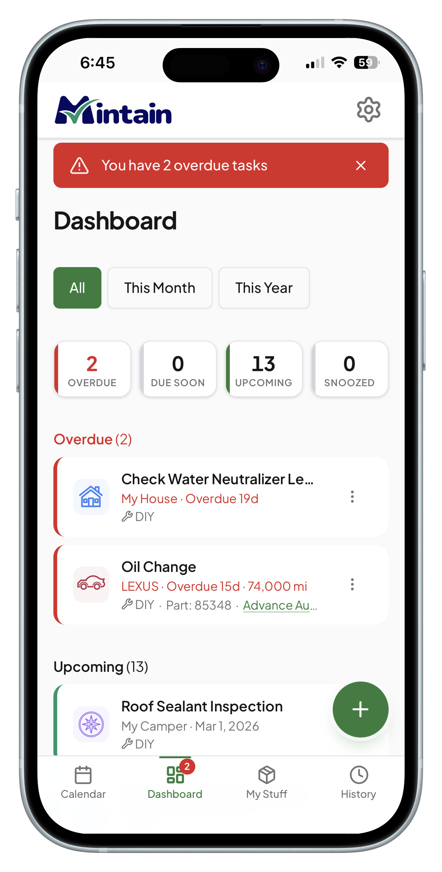 The Mintain dashboard on a phone, listing overdue and upcoming maintenance tasks